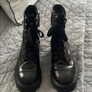 Kate Spade Black Leather Merritt Lug Sole Combat Boots 8 1/2